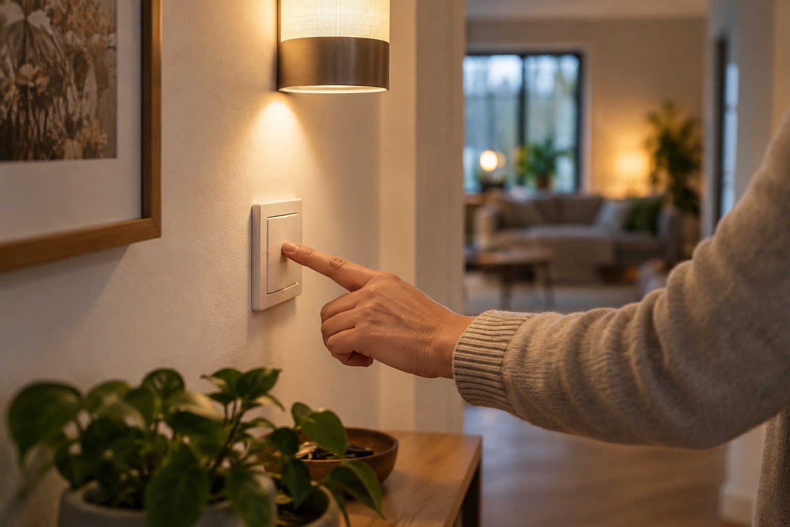 Lichtschalter und beleuchteter Wohnraum – Symbolbild für Strom