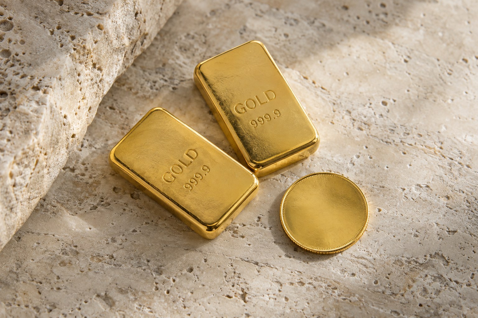 Goldbarren und goldfarbene Münze – Symbolbild für Edelmetalle